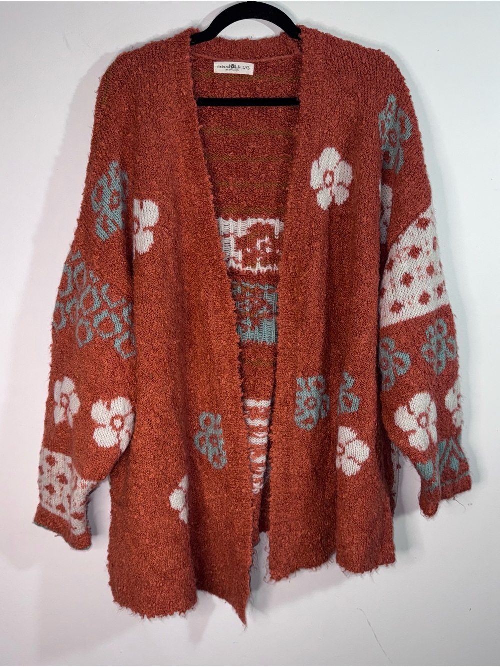 Natural Life L/XL Calla Jacquard Cardigan Rust Floral Boho Wool Blend